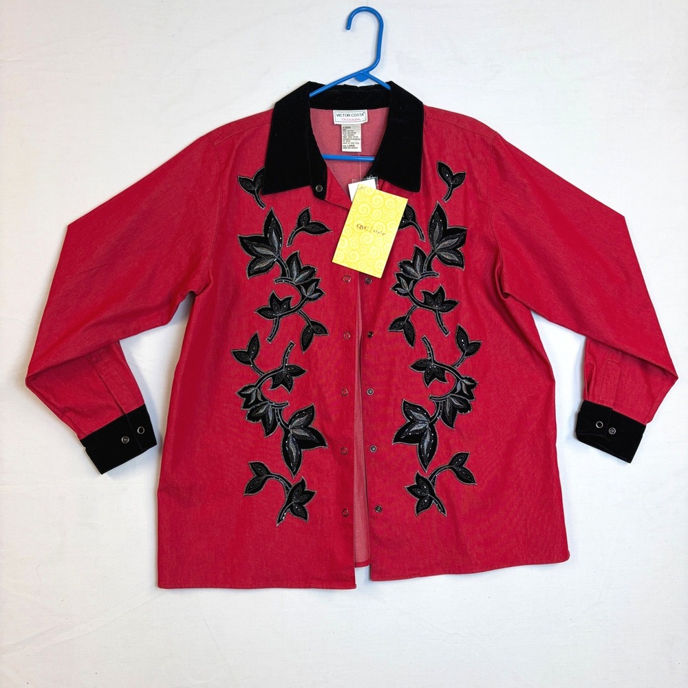 Victor Costa Occasion Red Embroidered Velvet Trim Snap Front Jacket Large